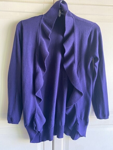 Linda‎ Matthews Women’s Open Ruffled Long Line Cardigan Sweater Sz M - Picture 1 of 6